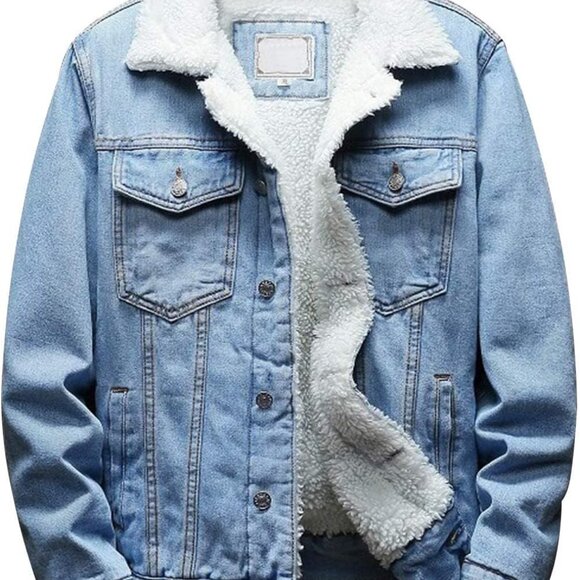 Men's Lapel Sherpa Fleece Lined Denim Trucker Jacket, Large - Warmth Meets Style - Picture 1 of 7